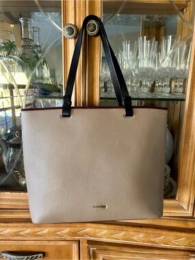 Calvin Klein Taupe Tote with Black Straps and Burgundy Trim